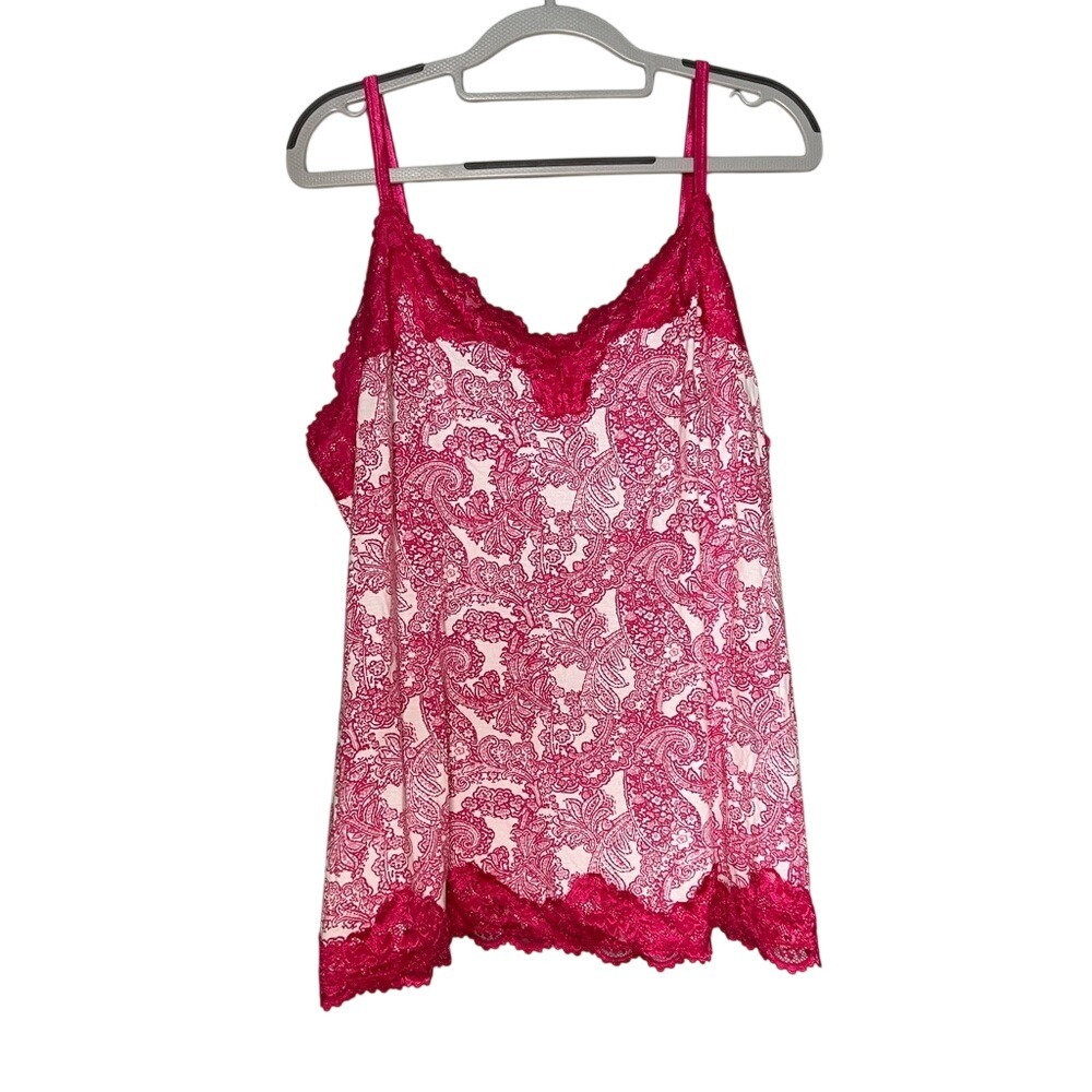 Lane Bryant pink and white paisley print lace trim layering Y2K cami top